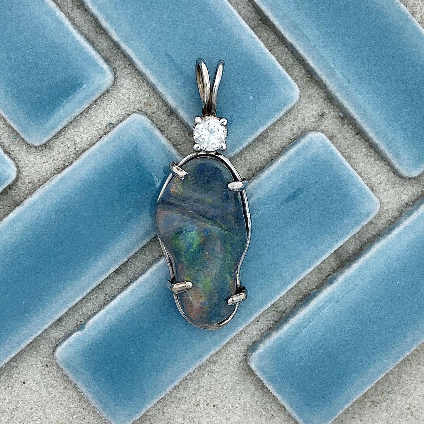 14k White Gold Wrapped Semi-Black Opal 8.87ct with Diamond .24ct DePaula Hand Made Custom Pendant - DePaulas