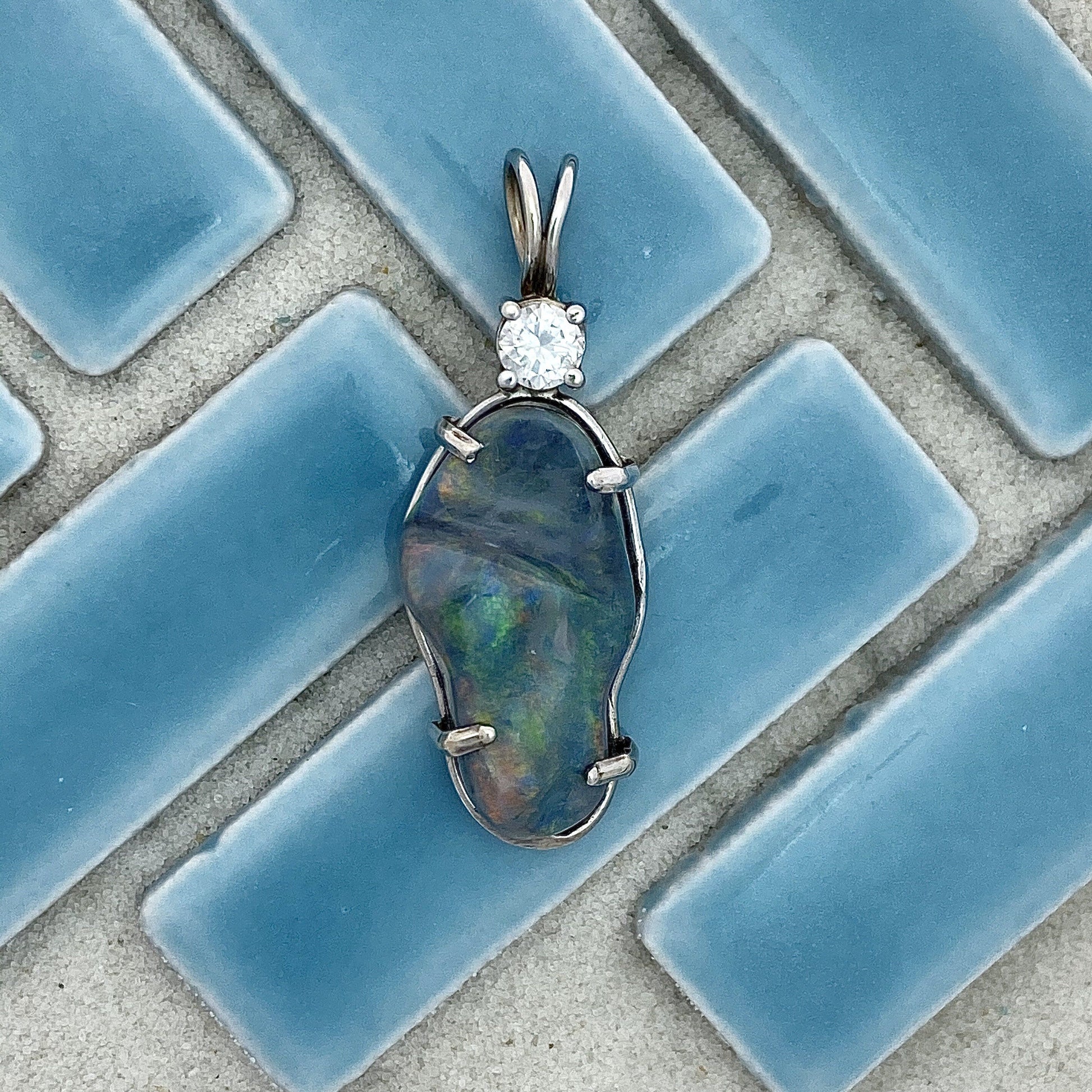14k White Gold Wrapped Semi-Black Opal 8.87ct with Diamond .24ct DePaula Hand Made Custom Pendant - DePaulas