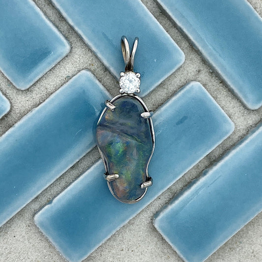 14k White Gold Wrapped Semi-Black Opal 8.87ct with Diamond .24ct DePaula Hand Made Custom Pendant - DePaulas