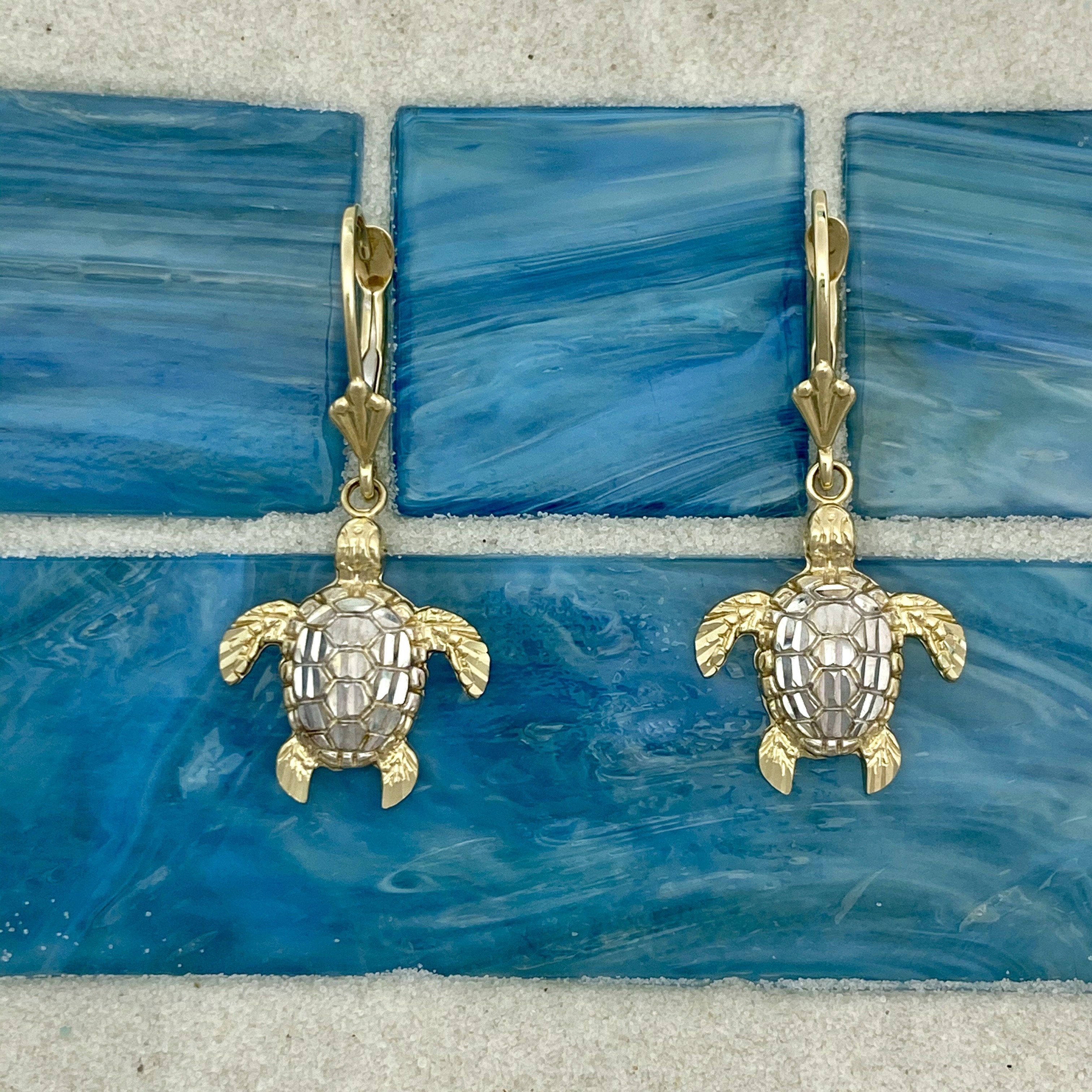 14k 2-Tone Gold Diamond Cut Turtle Leverback Earrings