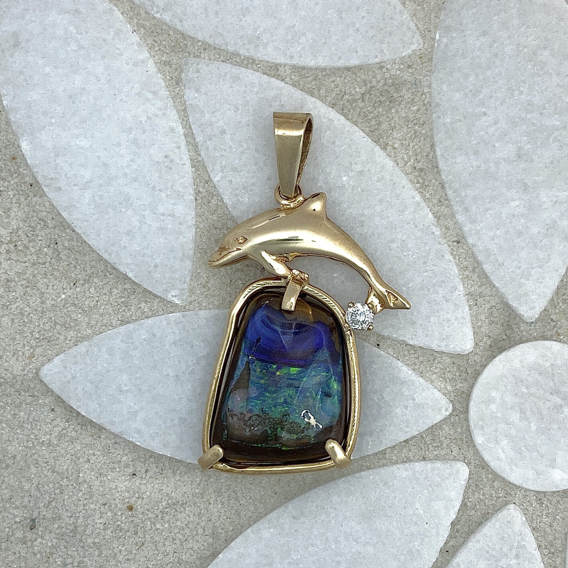 14k Yellow Gold Boulder Opal with Dolphin and Diamond Hand Made Pendant - DePaulas