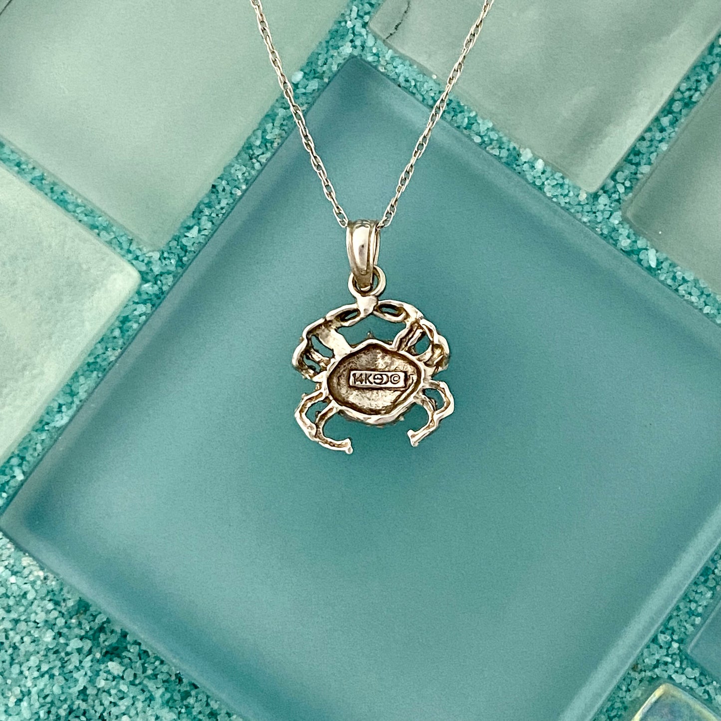 14k White Gold Small Crab Necklace 19”