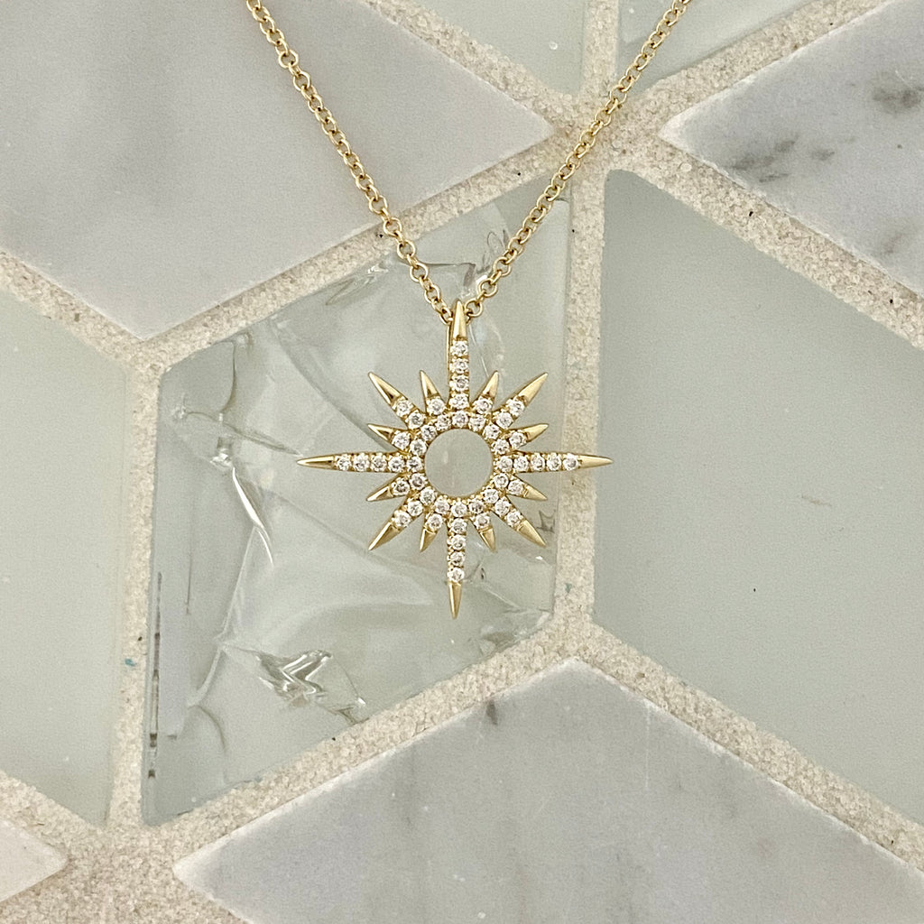 14k Yellow Gold Diamond .18cttw Spike Starburst Necklace 17.5”