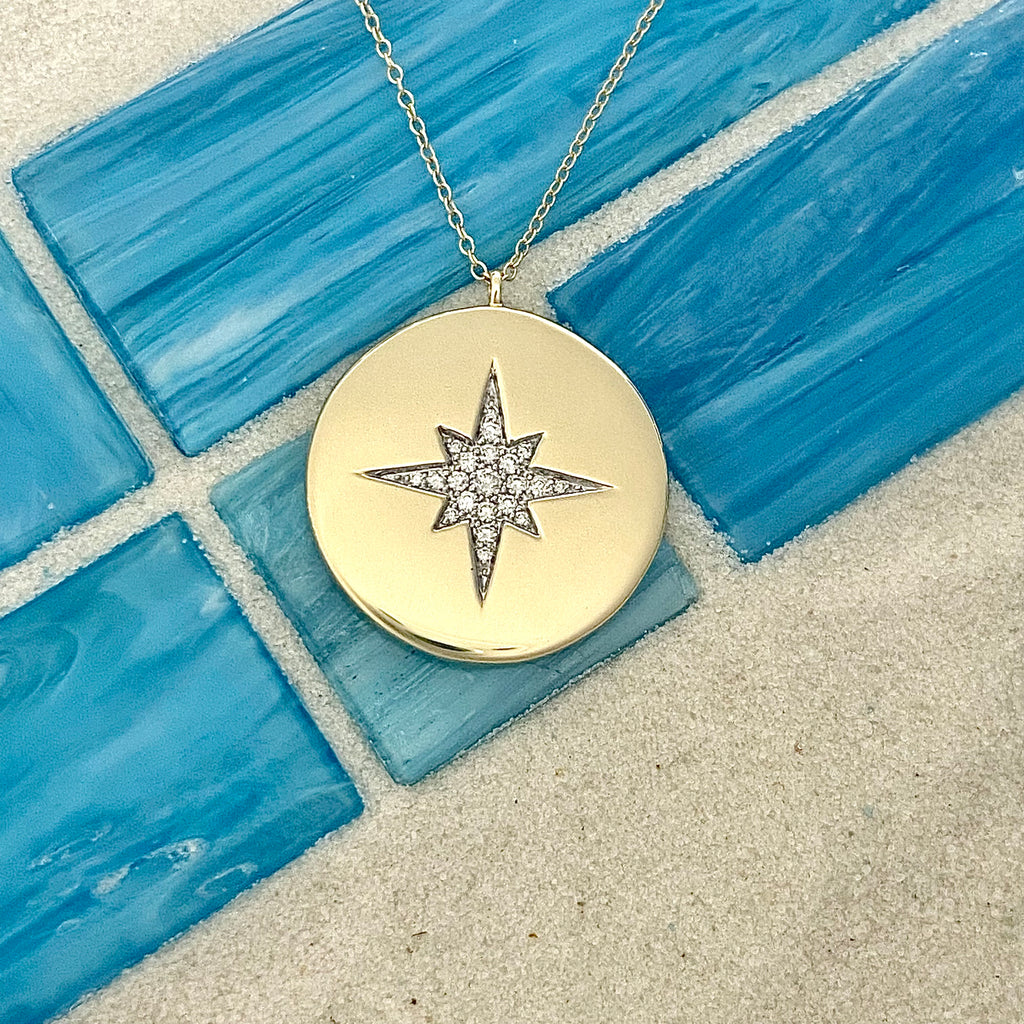 14k Yellow Gold .18cttw Diamond Star Medallion Necklace 17.5”
