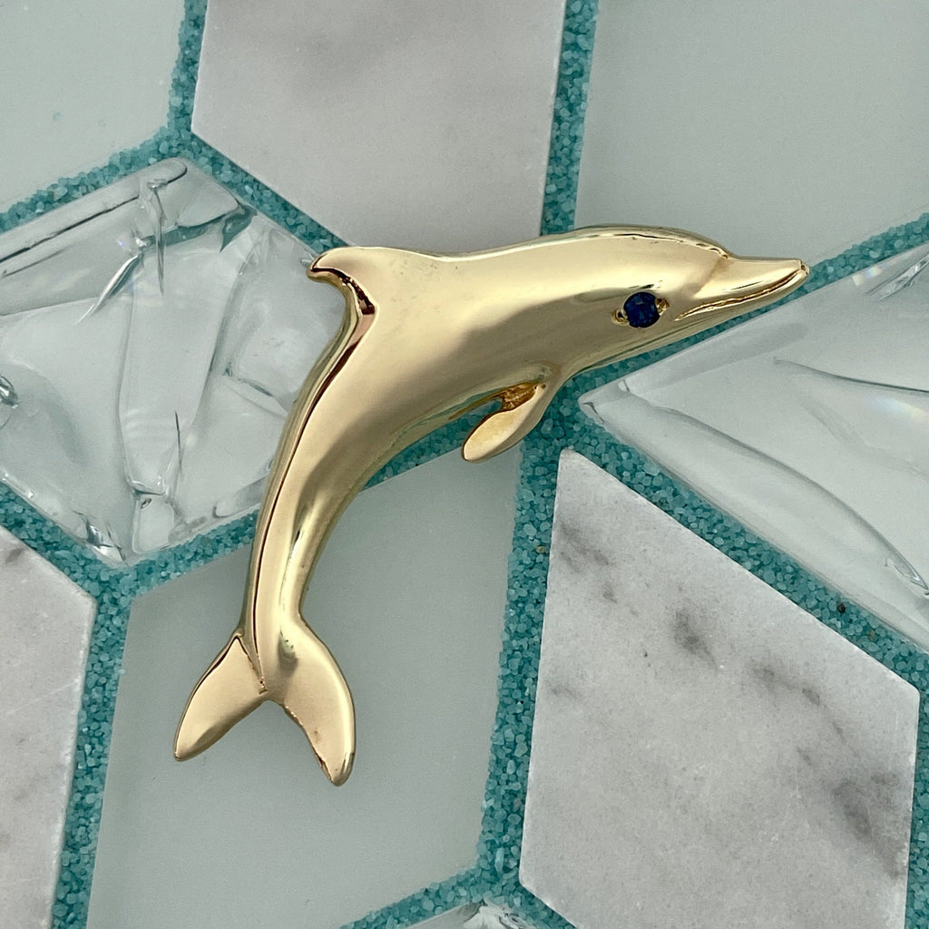 14k Yellow Gold Dolphin With Sapphire Eye Pendant - DePaulas