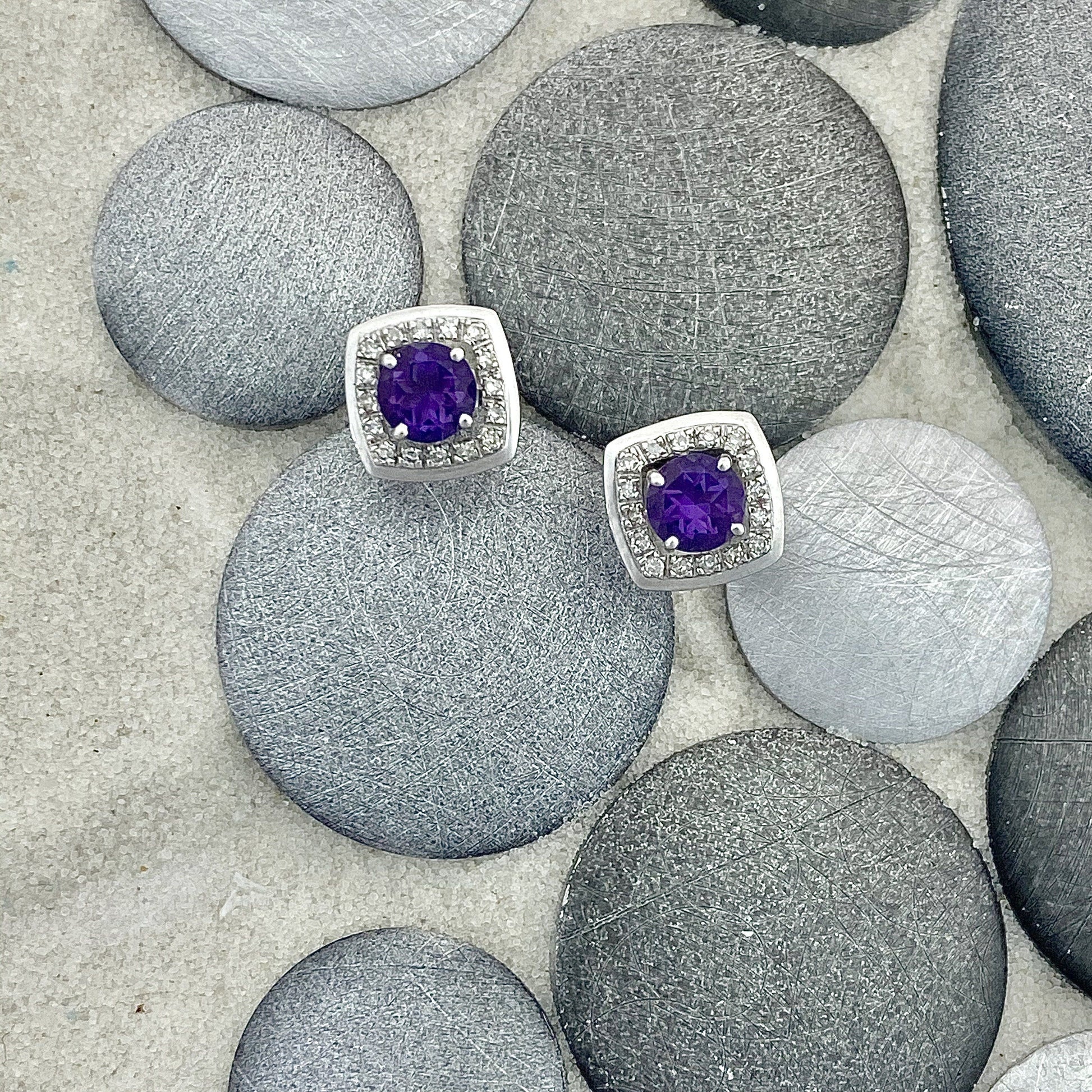 14k White Gold Amethyst .91cttw with Diamond Halo .13cttw Post Earrings - DePaulas