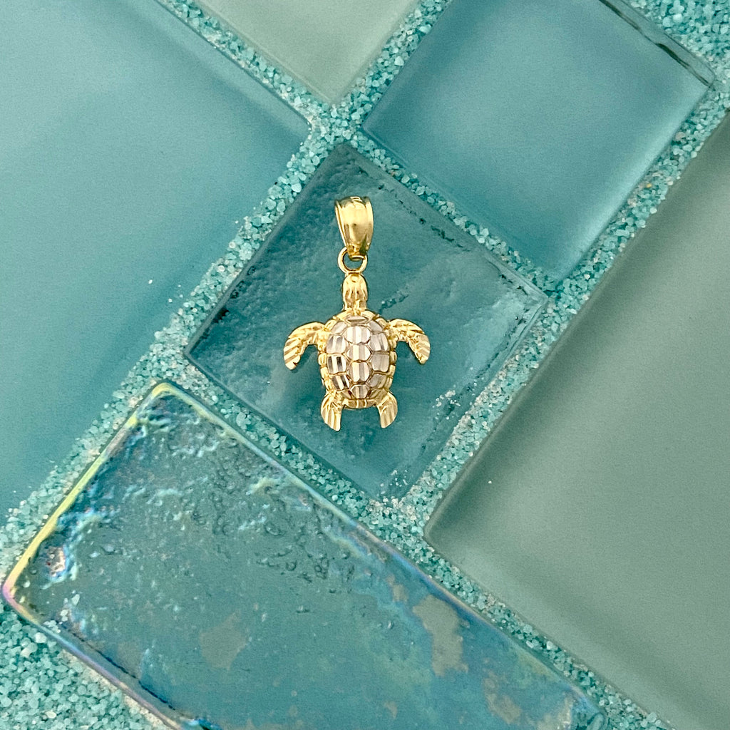 14k 2-Tone Diamond Cut Small Turtle Pendant