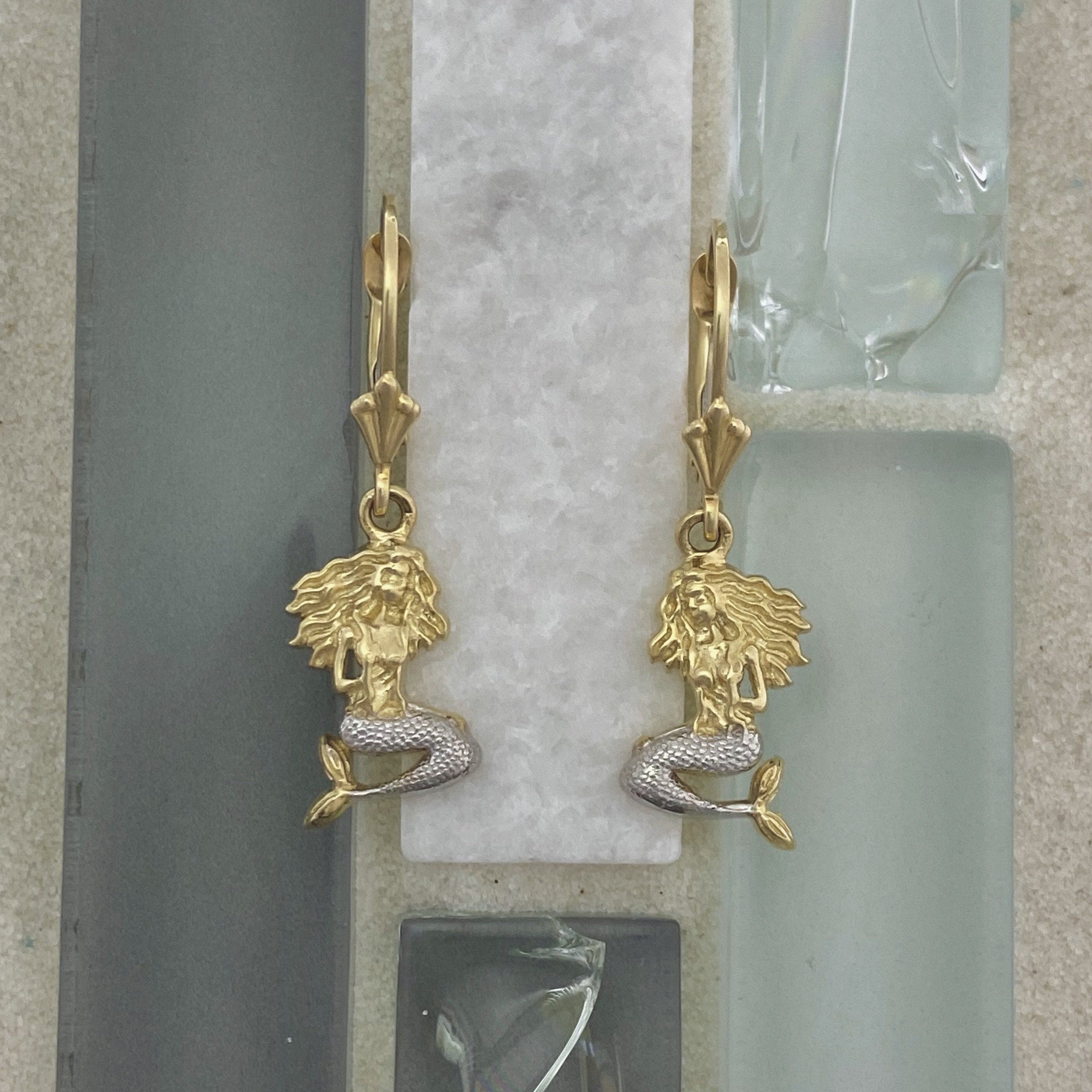 14k 2-Tone Gold Mermaid Leverback Earrings