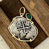 2 Reales Circa 1556-1589 Ruler Philip II Spain Mint 14k Yellow Gold Bezel With Emerald Treasure Coin Pendant