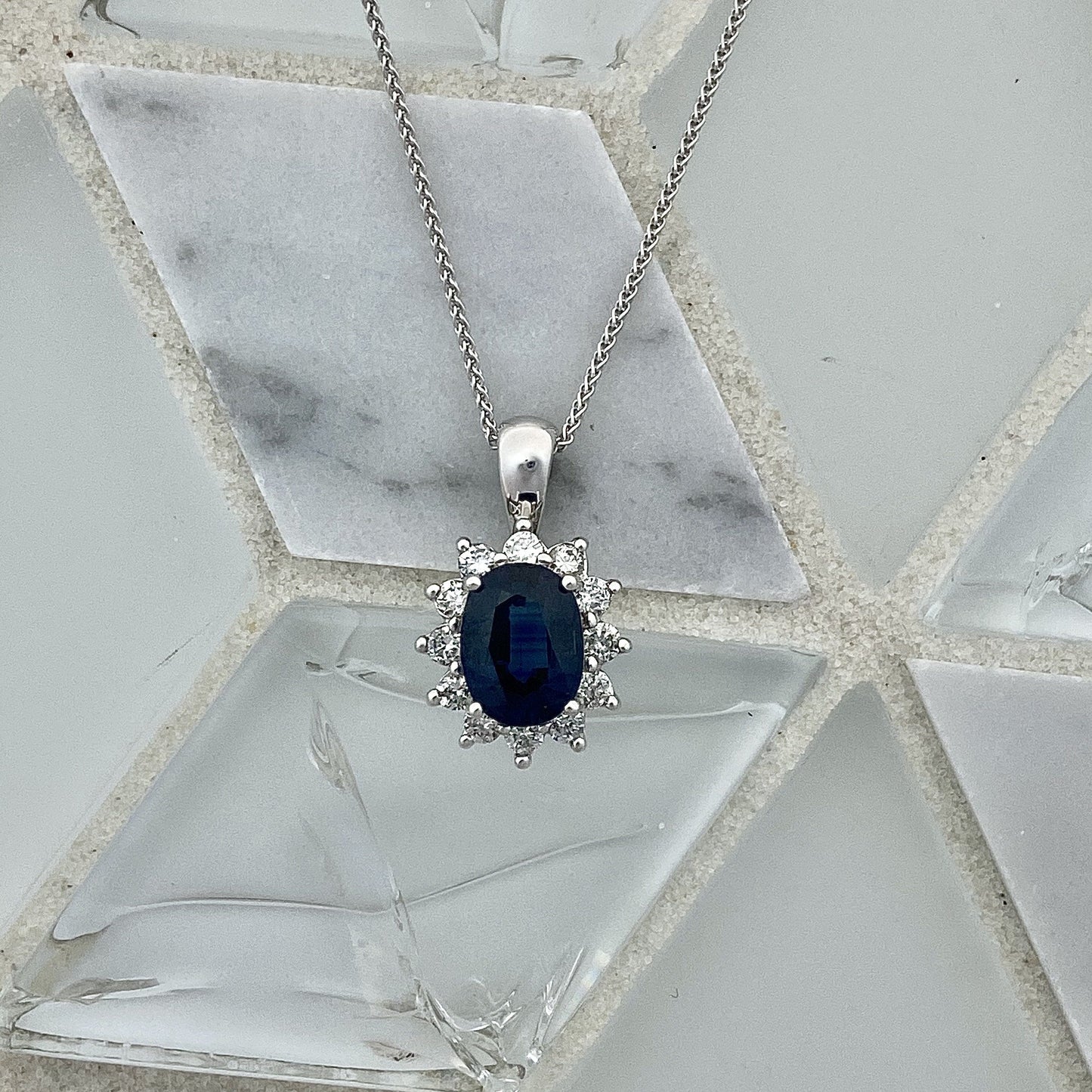14k White Gold Oval Sapphire 1.28ct with Diamond Halo .34cttw Necklace - DePaulas