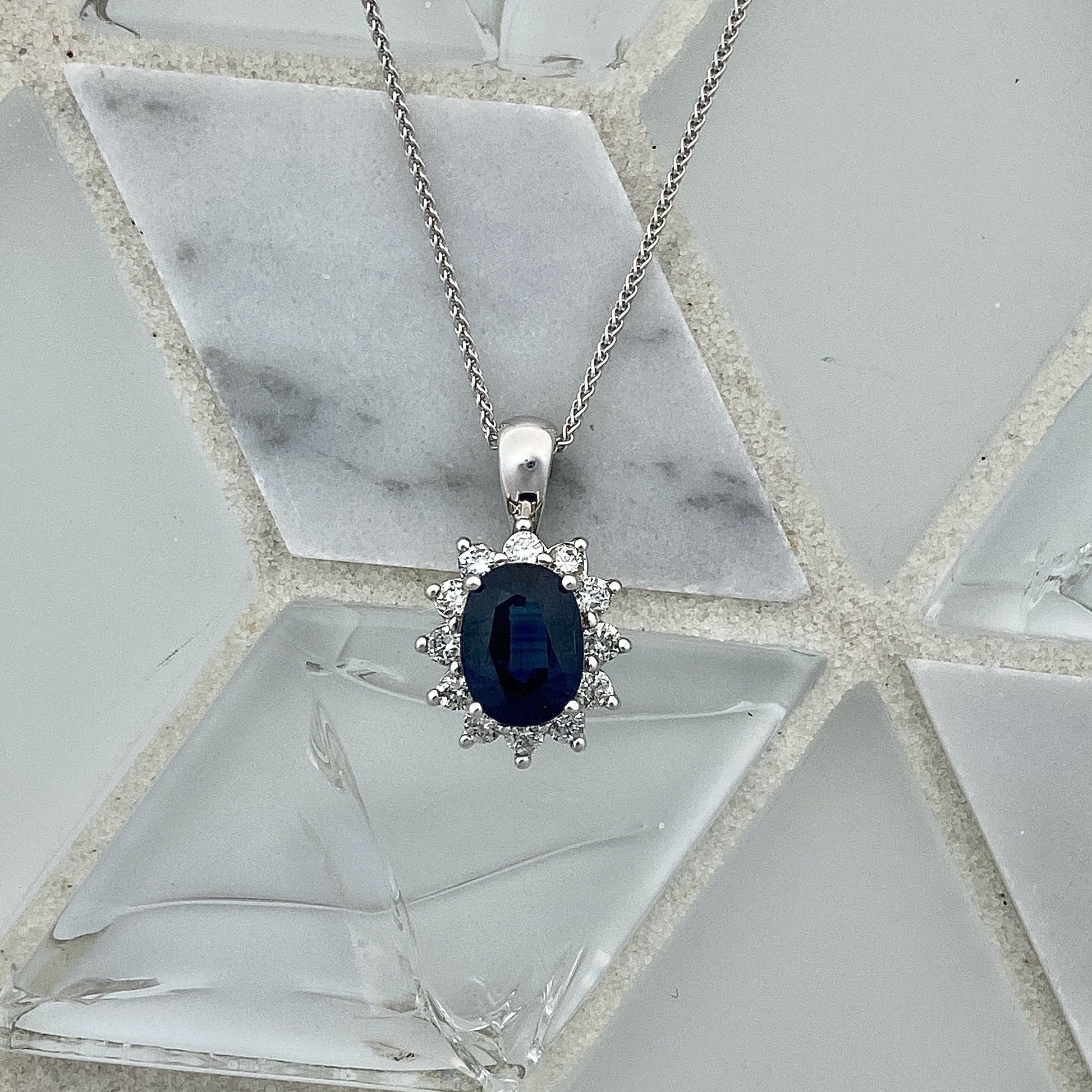 14k White Gold Oval Sapphire 1.28ct with Diamond Halo .34cttw Necklace - DePaulas