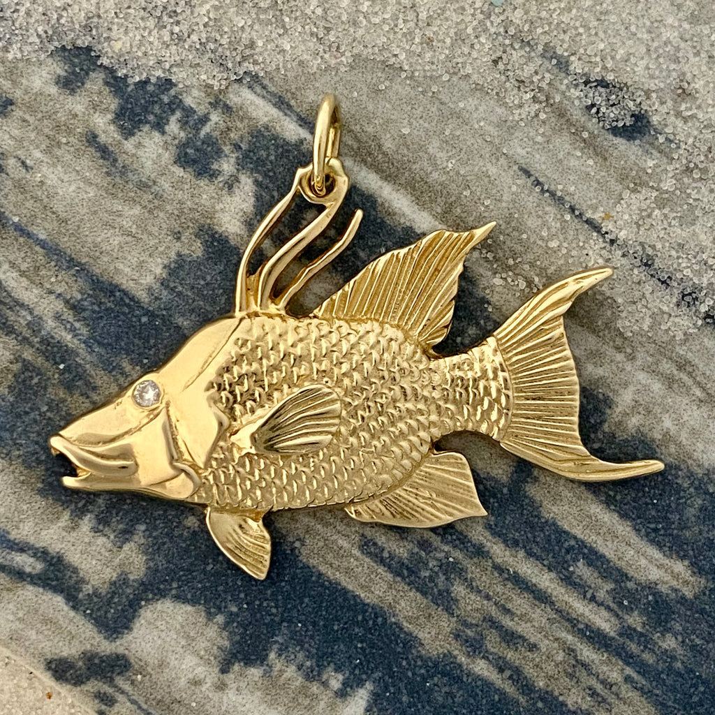 14k Yellow Gold Large Diamond Eye Hogfish Pendant