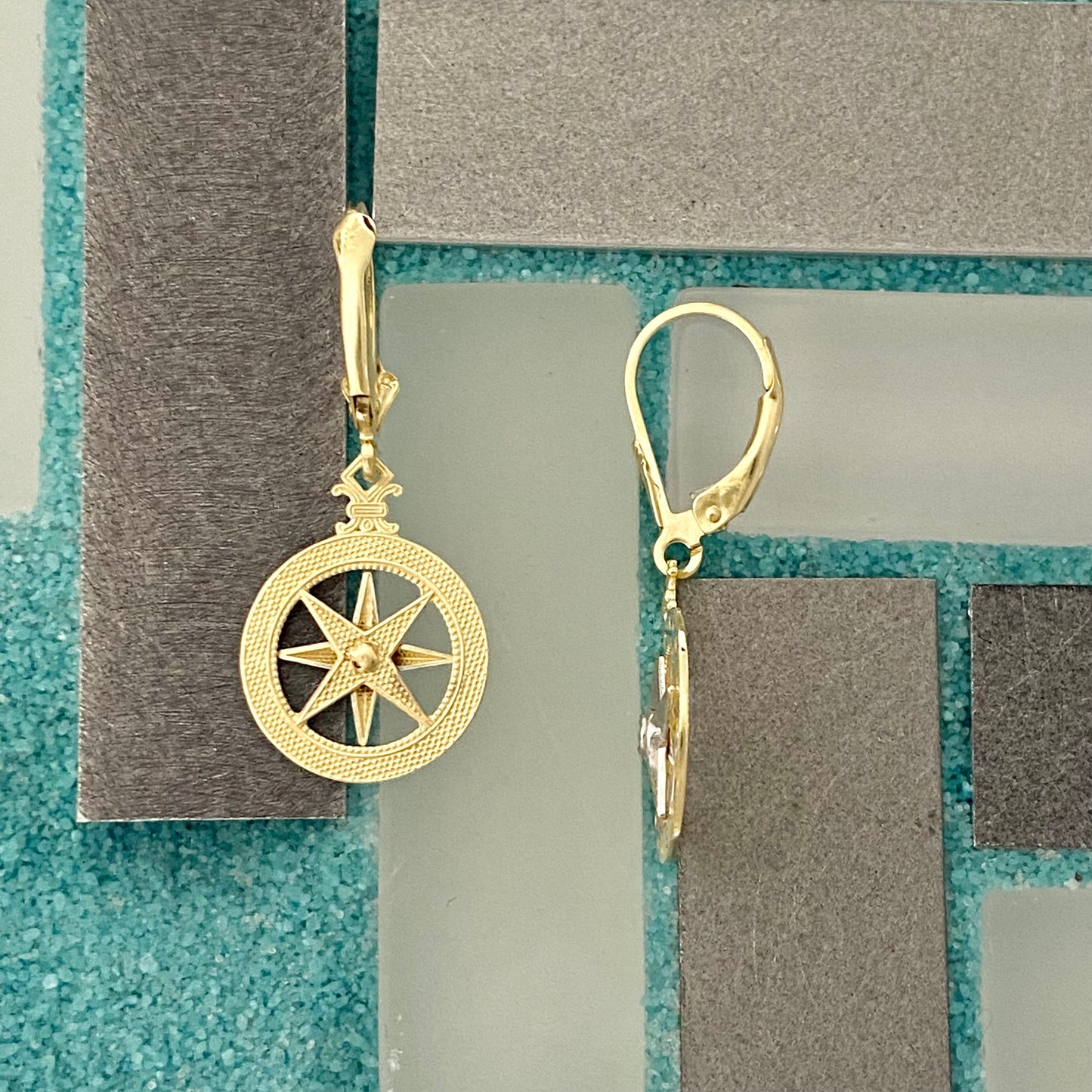 14k 2-Tone Gold Compass Rose Lever Back Earrings - DePaulas