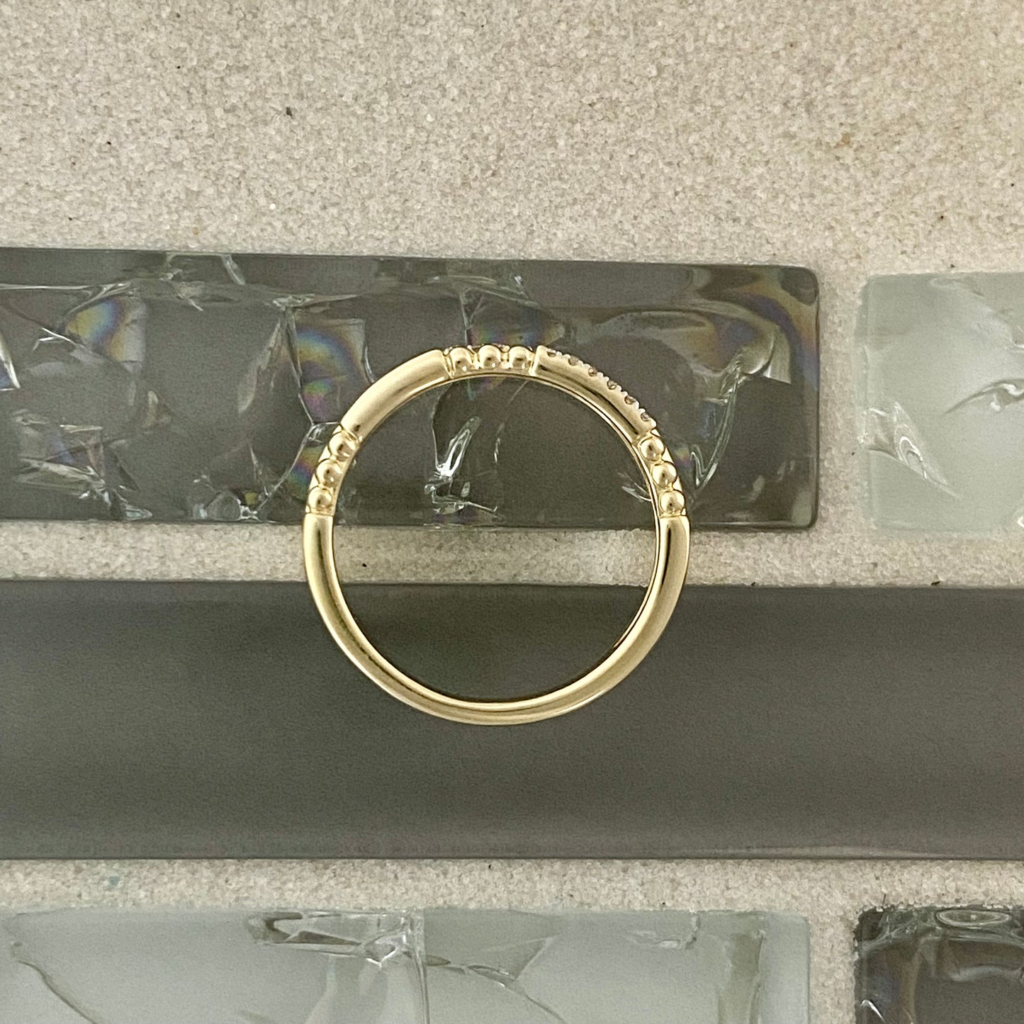14k Yellow Gold Two Row Beaded .07cttw Diamond Stackable Ring Size 6.5