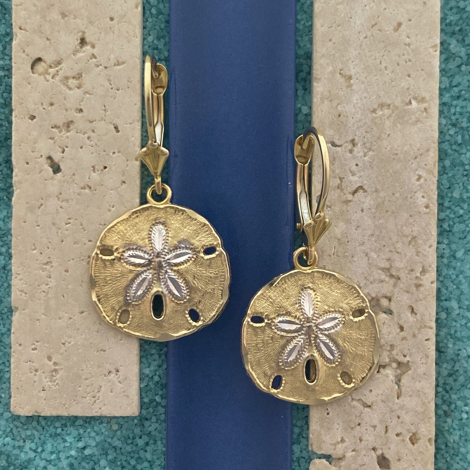 14k 2-Tone Gold Diamond Cut Sand Dollar Leverback Earrings - DePaulas