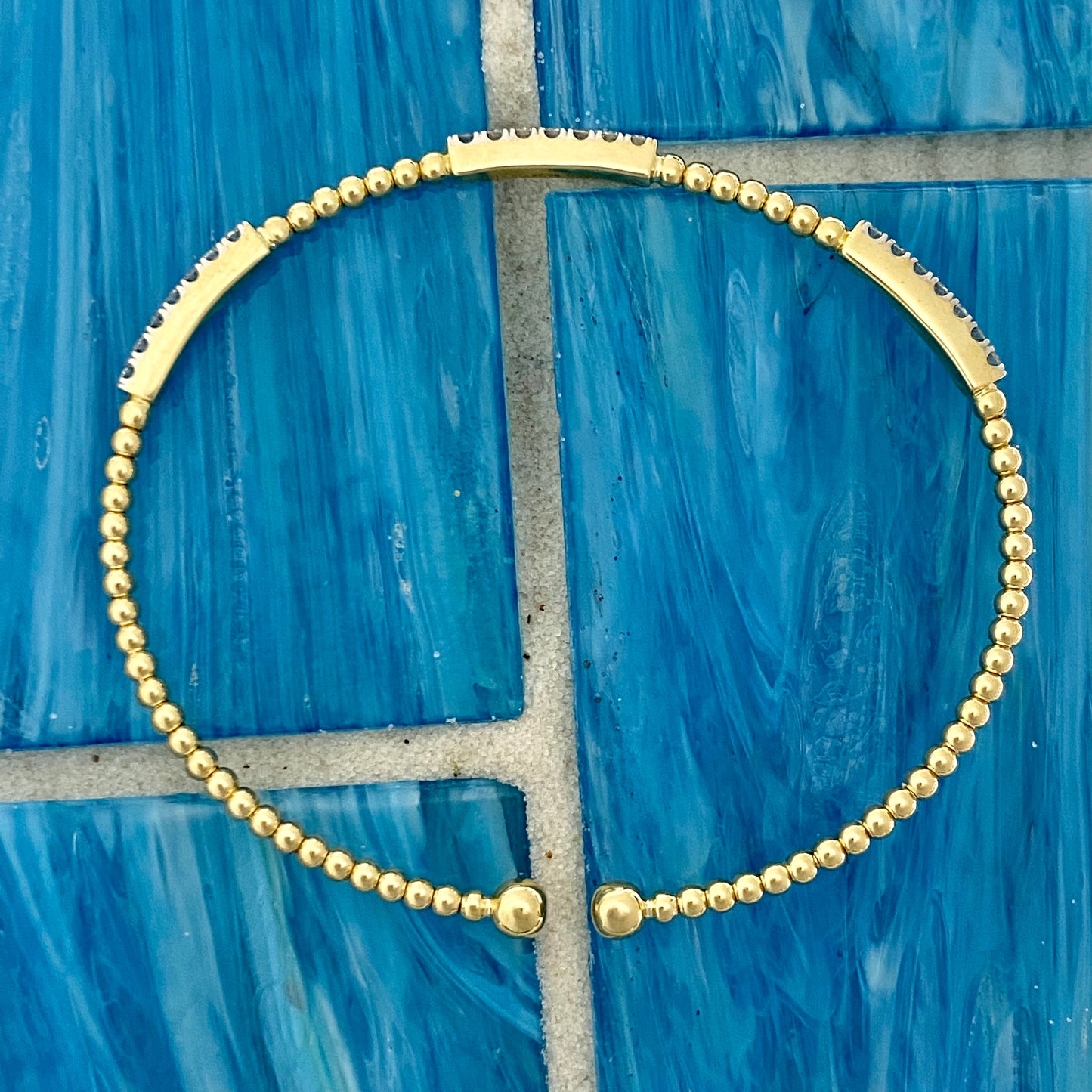 14k Yellow Gold Bujukan Bead Cuff With .45cttw Diamond Pavé Stations Beacelet 6.25”