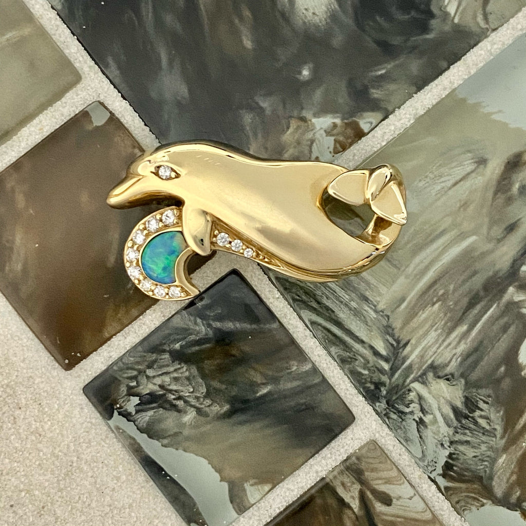 14k Yellow Gold Dolphin with Opal and Diamonds .18cttw Pendant
