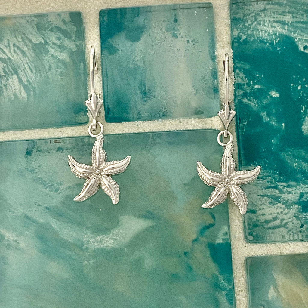 14k White Gold Starfish Lever Back Earrings