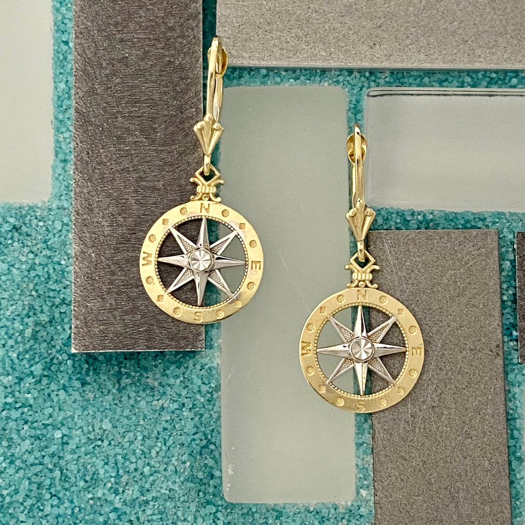 14k 2-Tone Gold Compass Rose Lever Back Earrings