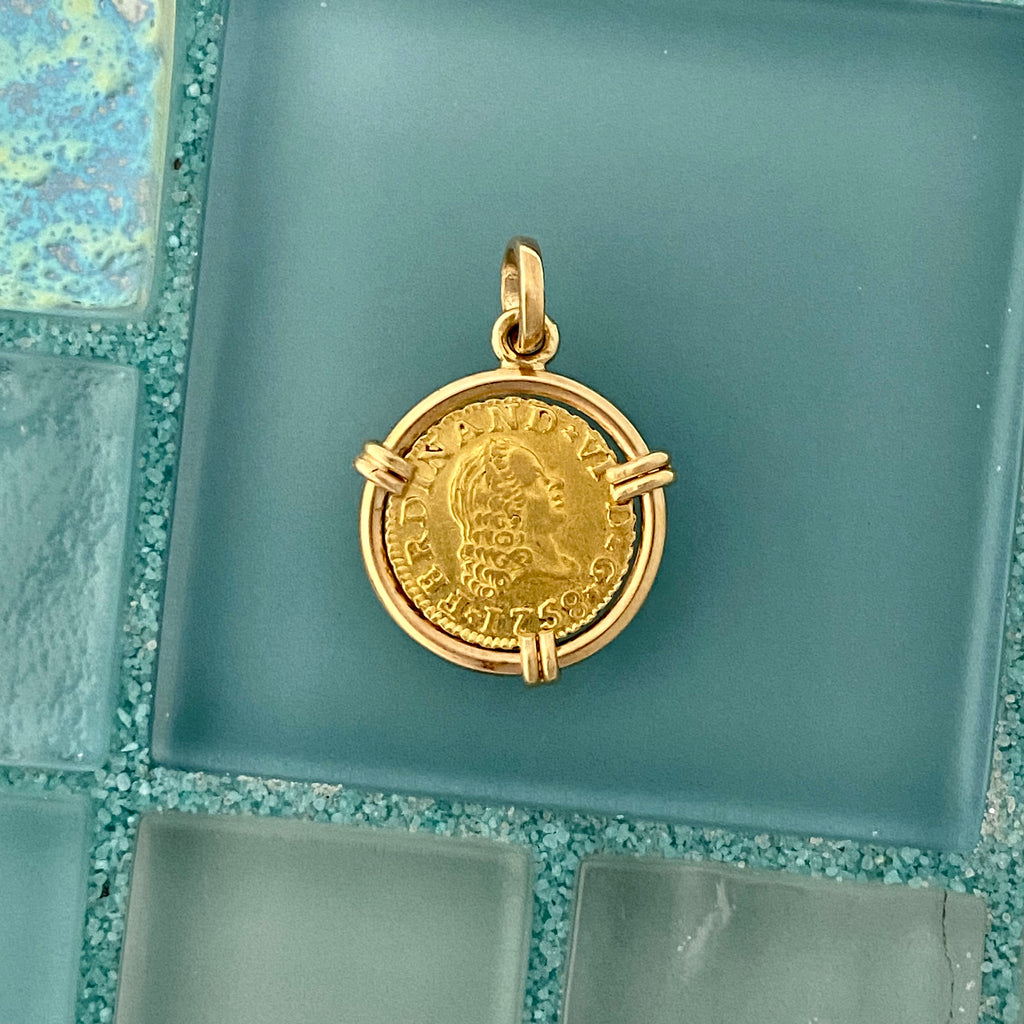 1/2 Escudo Dated 1758 Ruler Ferdinand VI 14k Yellow Gold Bezel Coin Pendant