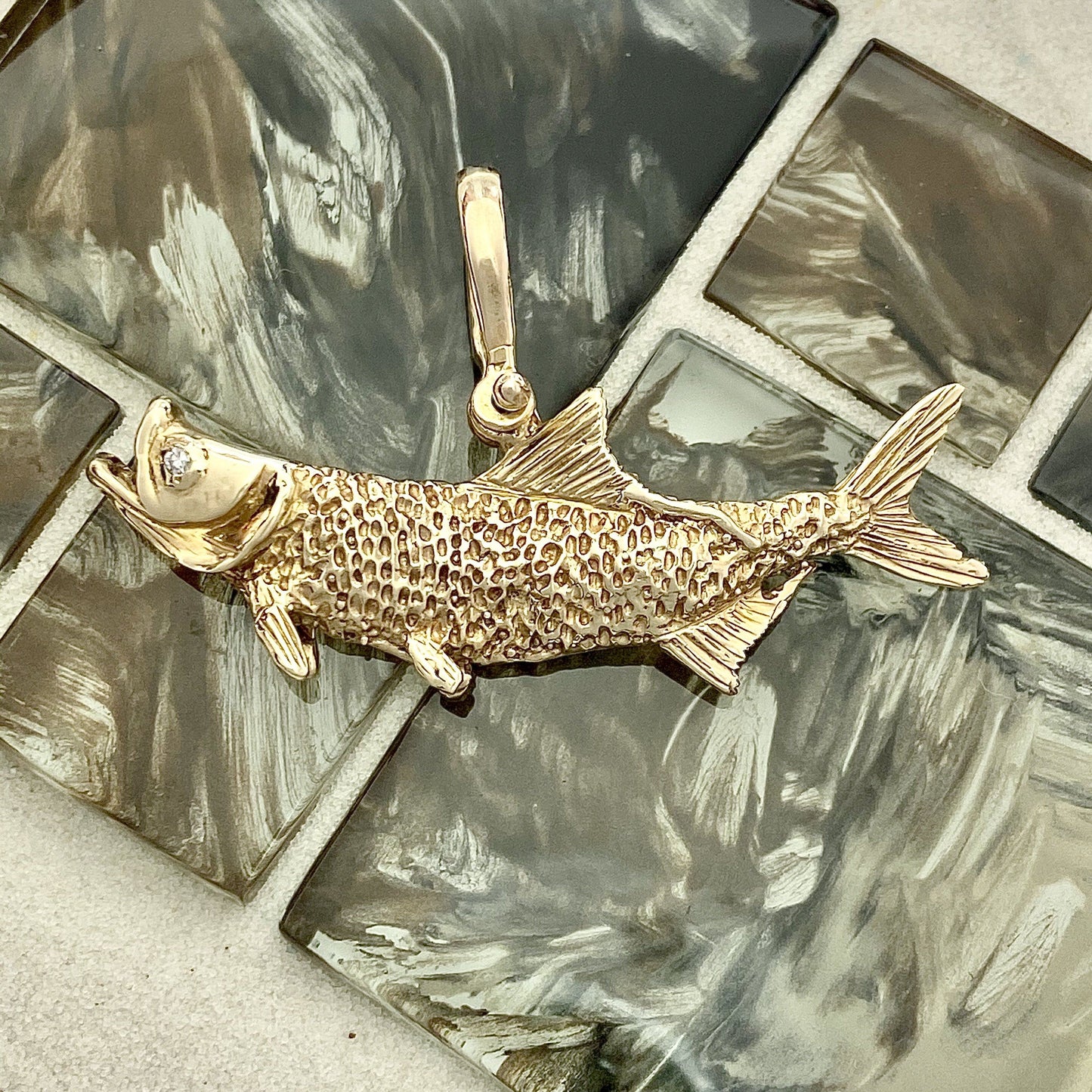 14k Yellow Gold Large Double Sided Tarpon With Diamond Eyes .15ct Pendant - DePaulas