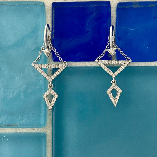 14k White Gold Geometrical Diamond .36cttw Dangle Lever Back Earrings