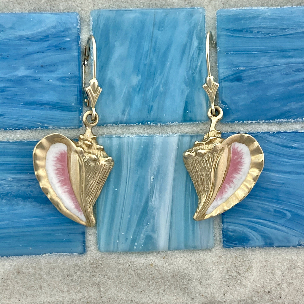 14k Yellow Gold Large Enamel Conch Leverback Earrings - DePaulas