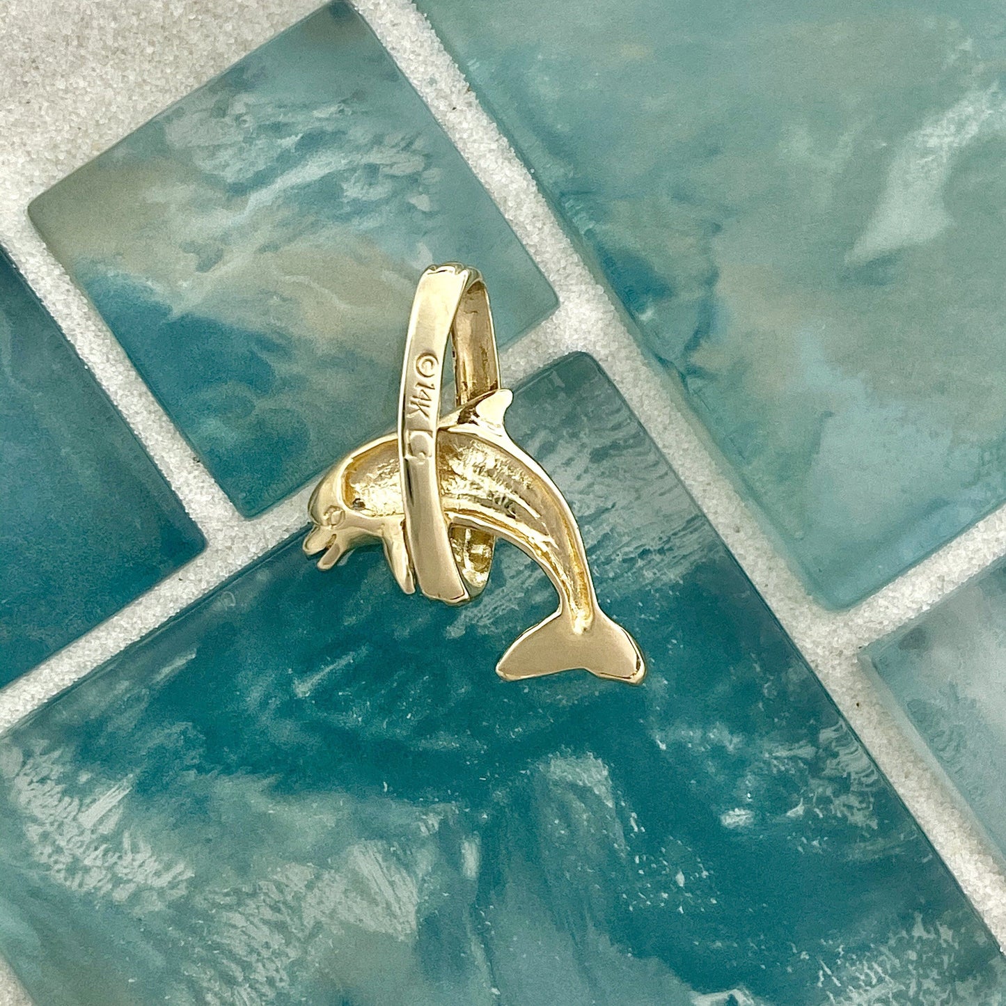 14k Yellow Gold Dolphin Jumping Through Hoop With Diamond .01ct Eye Pendant - DePaulas