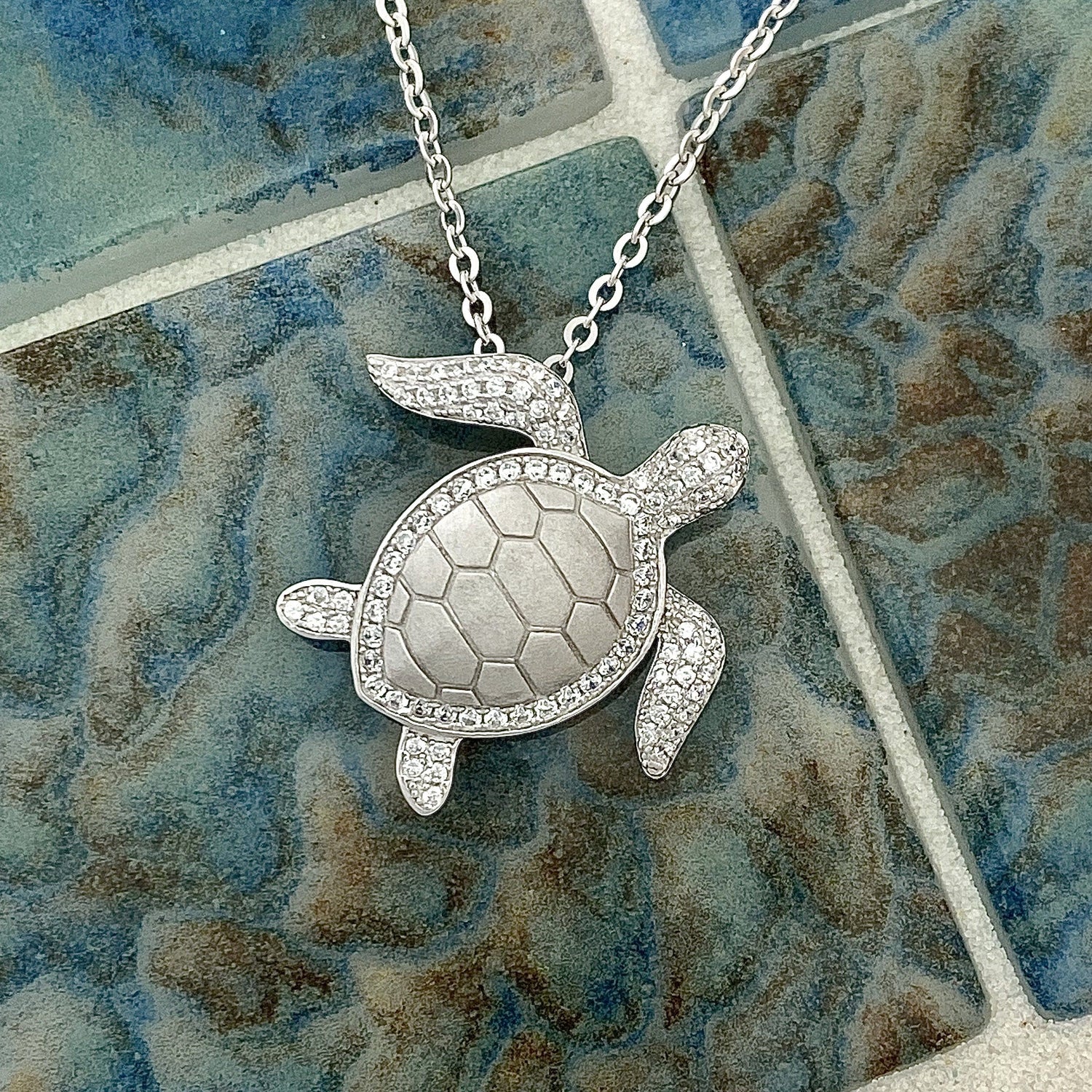 925 Sterling Silver Cubic Zirconia Turtle Necklace - DePaulas