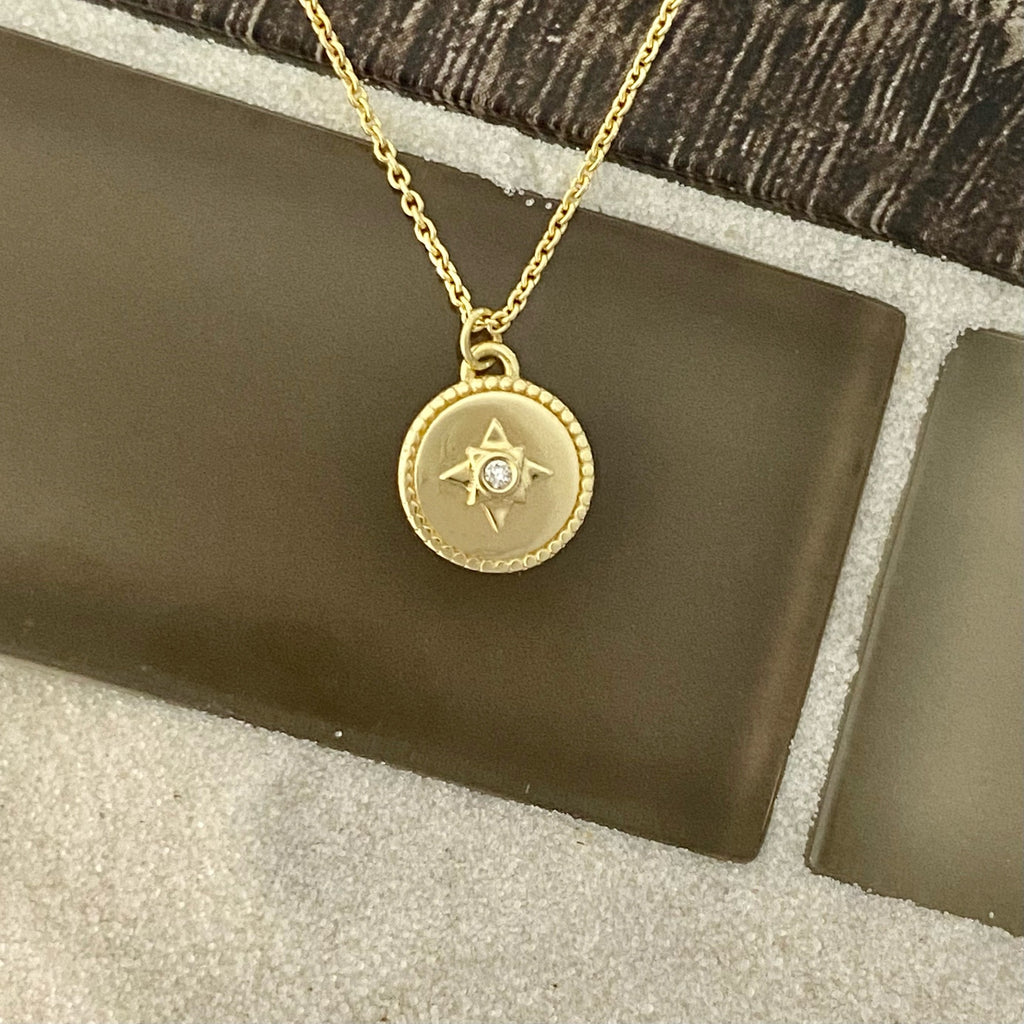 14k Yellow Gold Small Compass Rose With Diamond .03ct Necklace