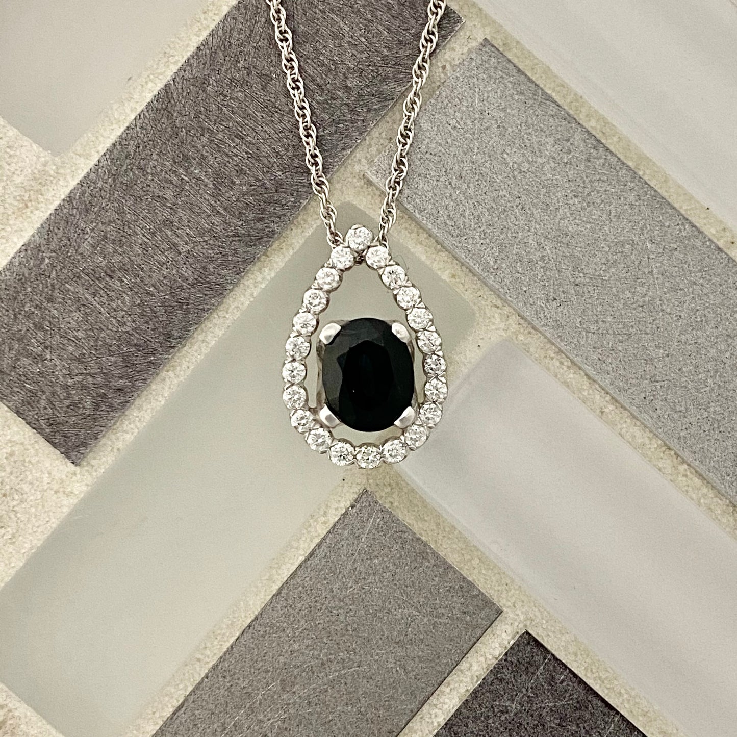 14k White Gold Sapphire 2.54ct with Diamonds .75cttw Necklace 18”