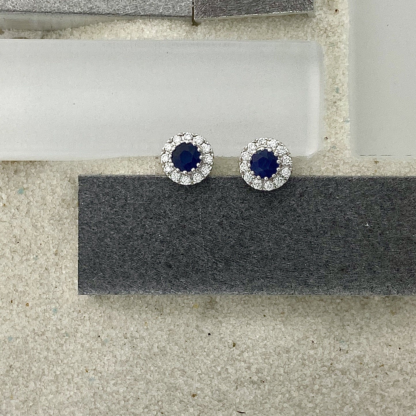 14k White Gold Sapphire .40cttw with Diamond Halo .17cttw Post Earrings - DePaulas