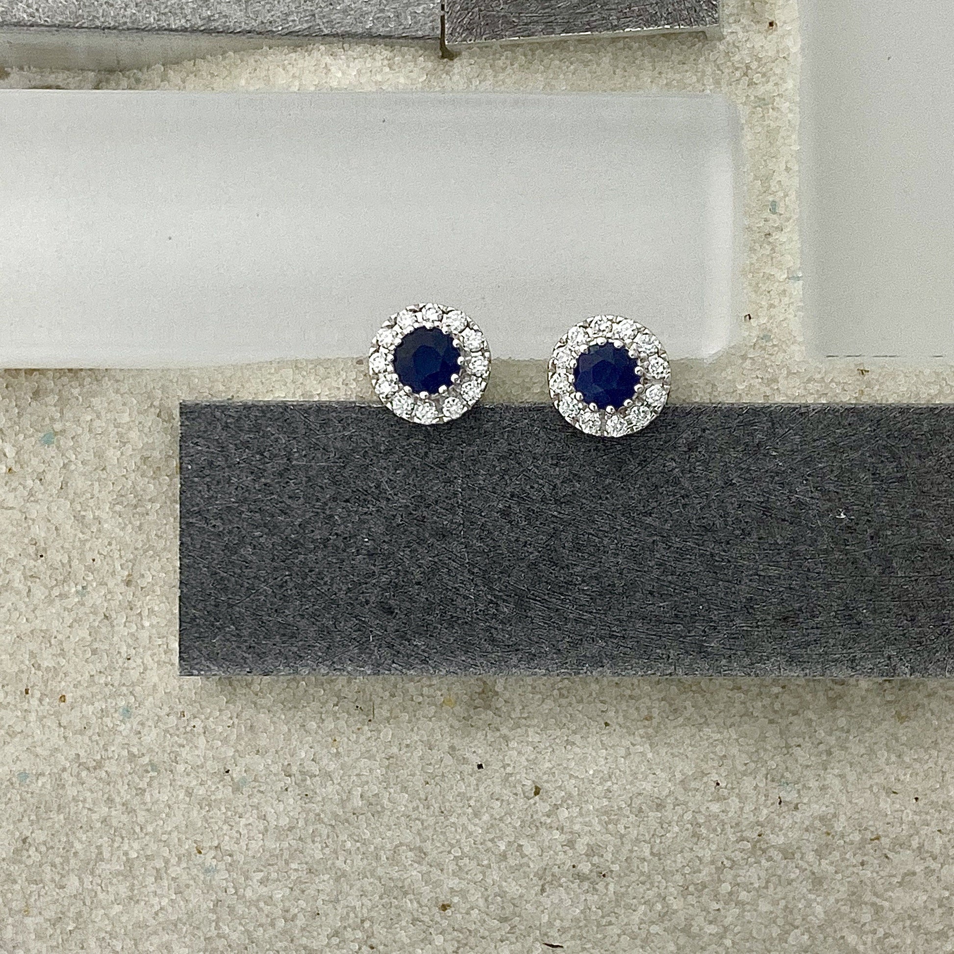 14k White Gold Sapphire .40cttw with Diamond Halo .17cttw Post Earrings - DePaulas