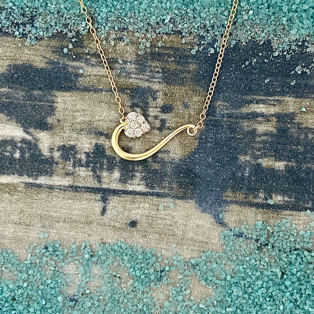 14k Yellow Gold Hook With Pave .06cttw Diamond Heart Necklace 17.5”