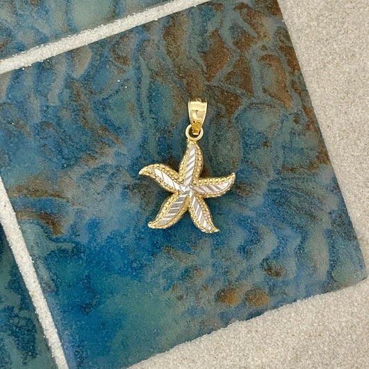 14k 2-Tone Small Diamond Cut Starfish Pendant