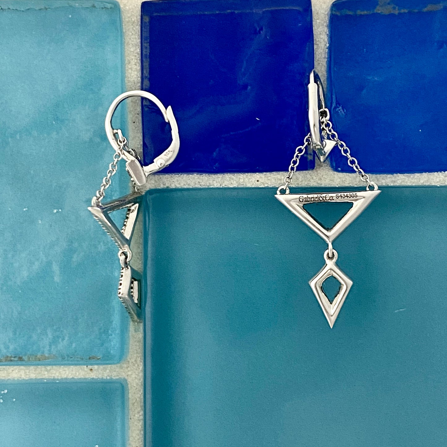 14k White Gold Geometrical Diamond .36cttw Dangle Lever Back Earrings