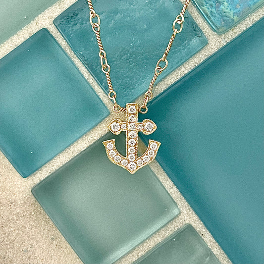 14k Yellow Gold .26cttw Diamond Anchor Necklace 16”