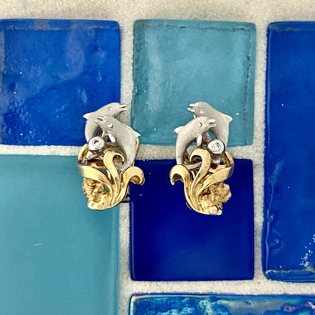 14k 2-Tone Gold Double Dolphins With Diamonds .04cttw Omega Back Earrings