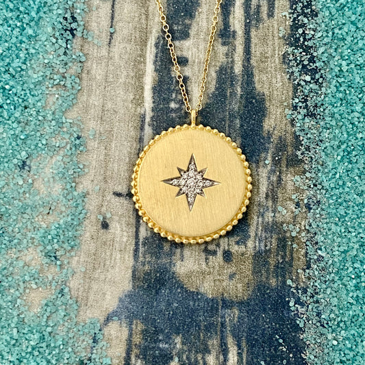 14k Yellow Gold Medallion With .09cttw Diamond Star Necklace 17.5”