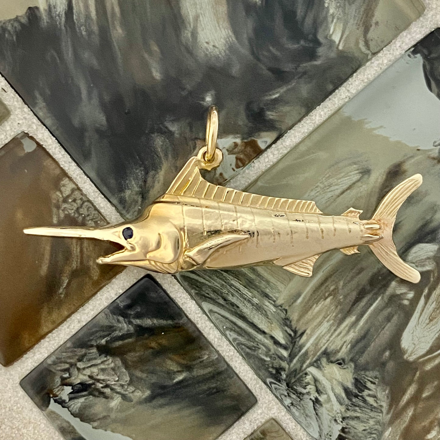14k Yellow Gold Large Marlin With Sapphire Eye Pendant