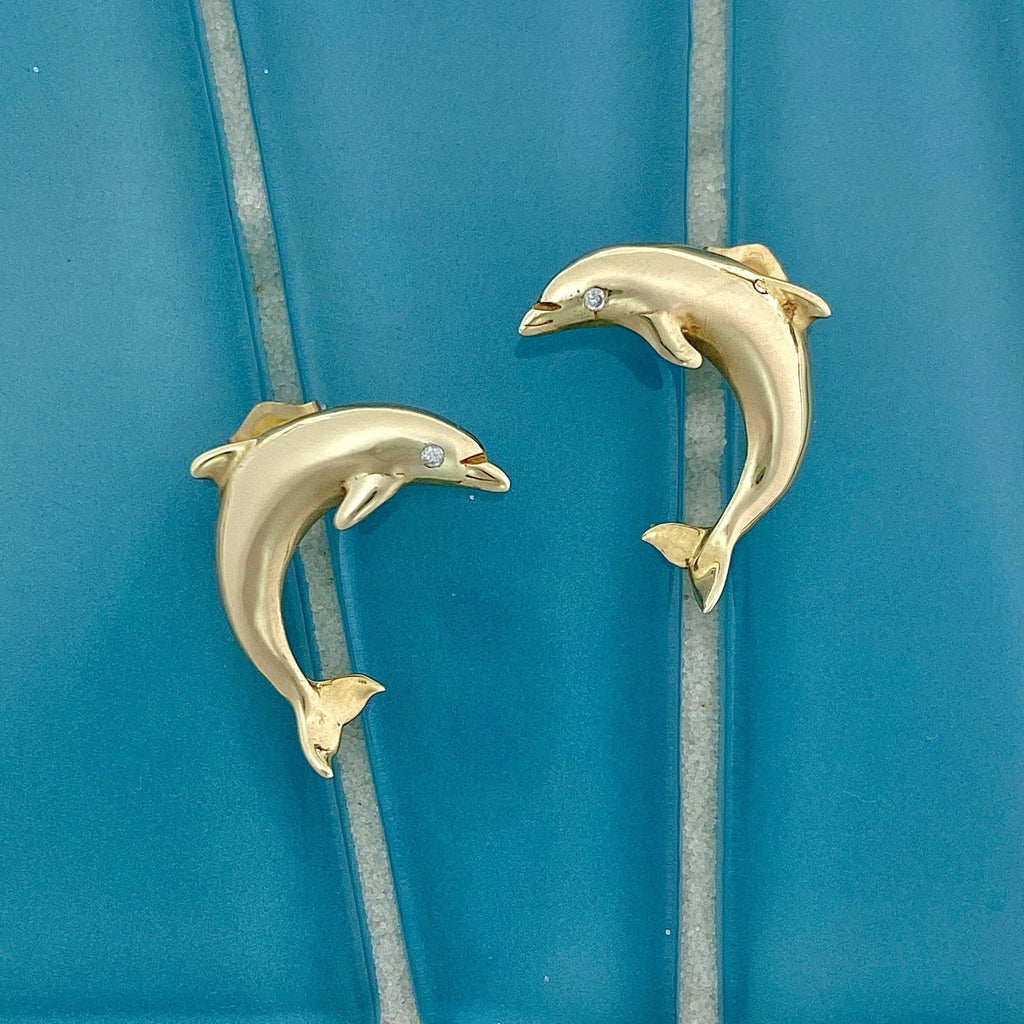 14k Yellow Gold Dolphin with Diamond Eyes .02cttw Post Earrings - DePaulas