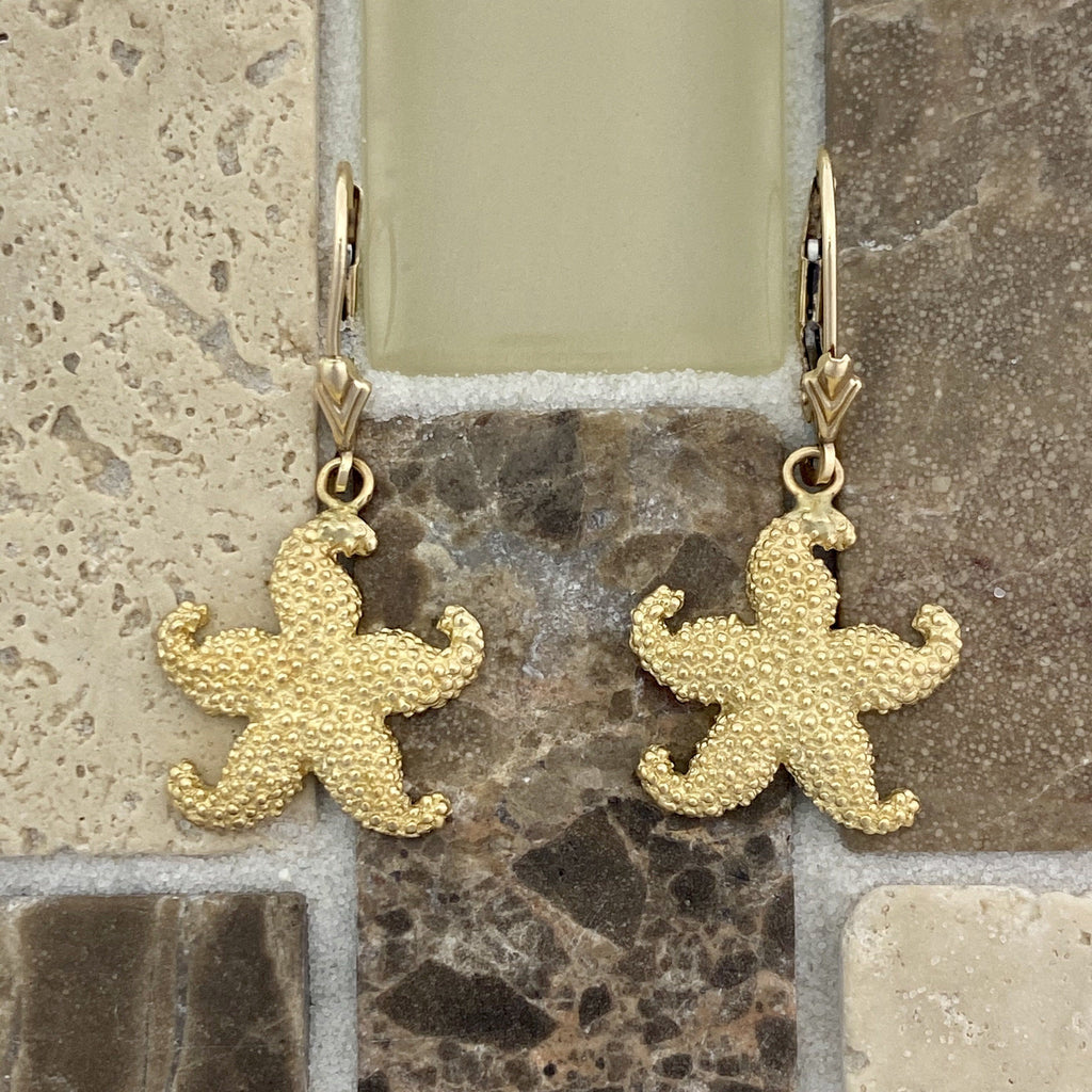 14k Yellow Gold Large Textured Starfish Leverback Earrings - DePaulas