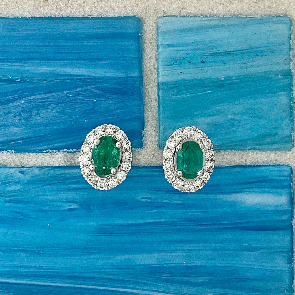 14k White Gold .93cttw Emerald With .50cttw Diamond Halo Screw Back Earrings