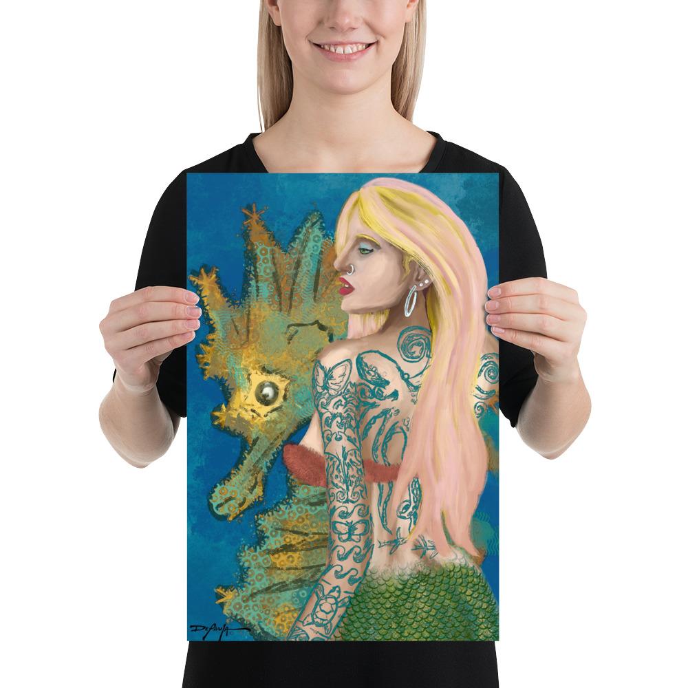 Tattooed Mermaid and Seahorse Art Print